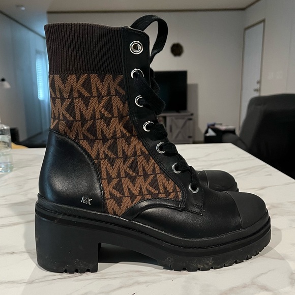 Michael Kors Black and Brown Combat Boots with Monogram - Picture 1 of 3